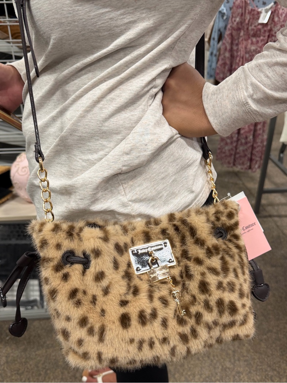 Juicy Couture Leopard Faux Fur Crossbody in Tan and Black with Gold Hardware